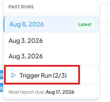Trigger Run button in Past Runs showing remaining runs this month
