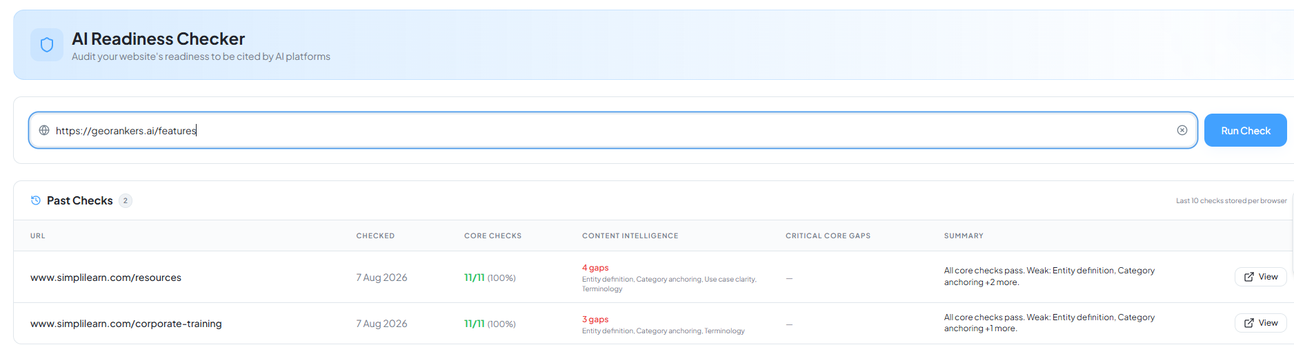 AI Readiness Checker showing pass/fail results for a checked URL