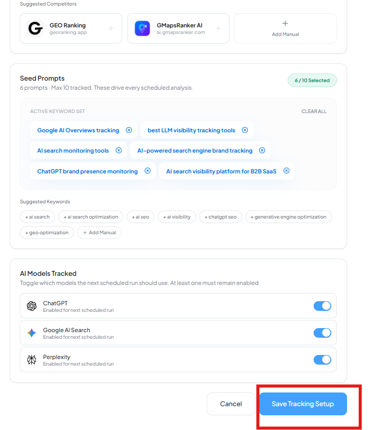 Tracking setup panel with seed prompts, AI models, and Save Tracking Setup button