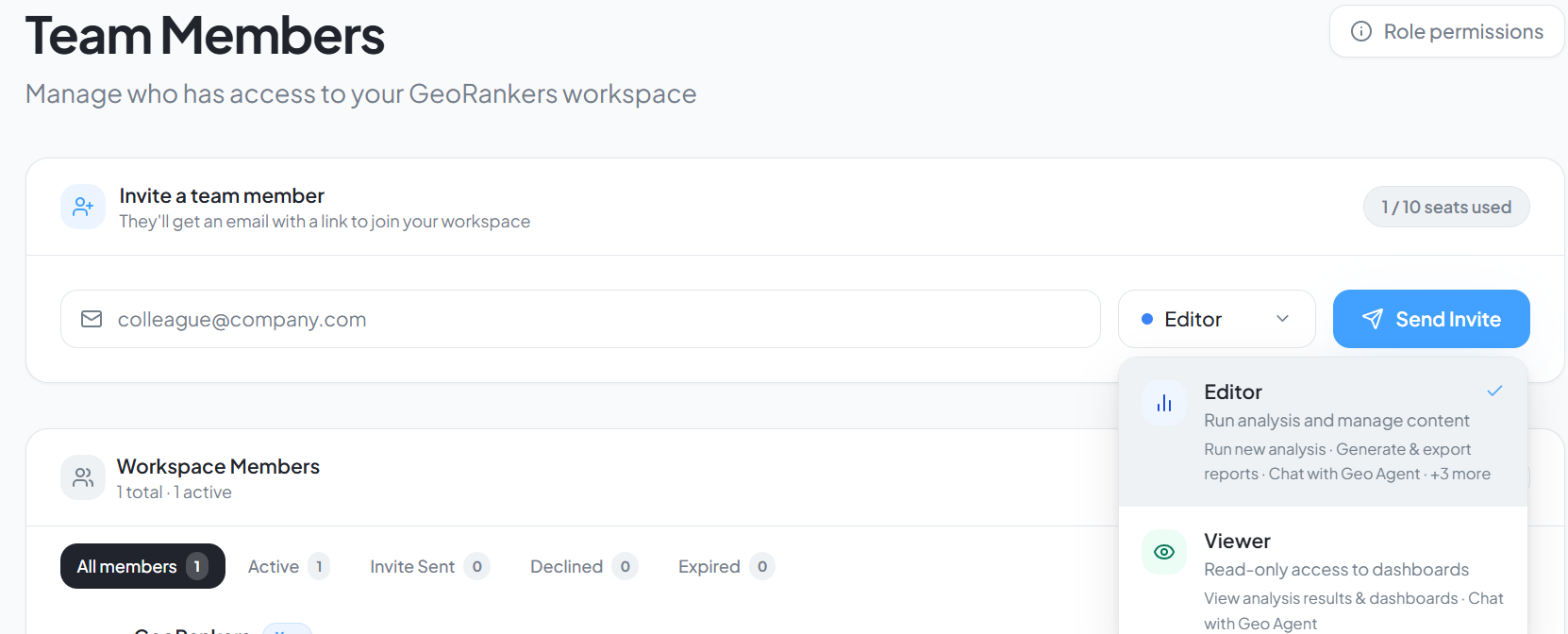 Team Members panel showing Admin, Editor, and Viewer role options