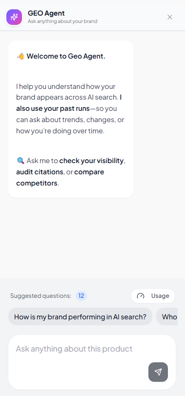 GEO Agent chat assistant answering a question about brand AI visibility