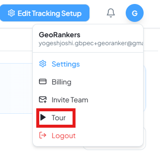 Guided product walkthrough tour for new GeoRankers accounts