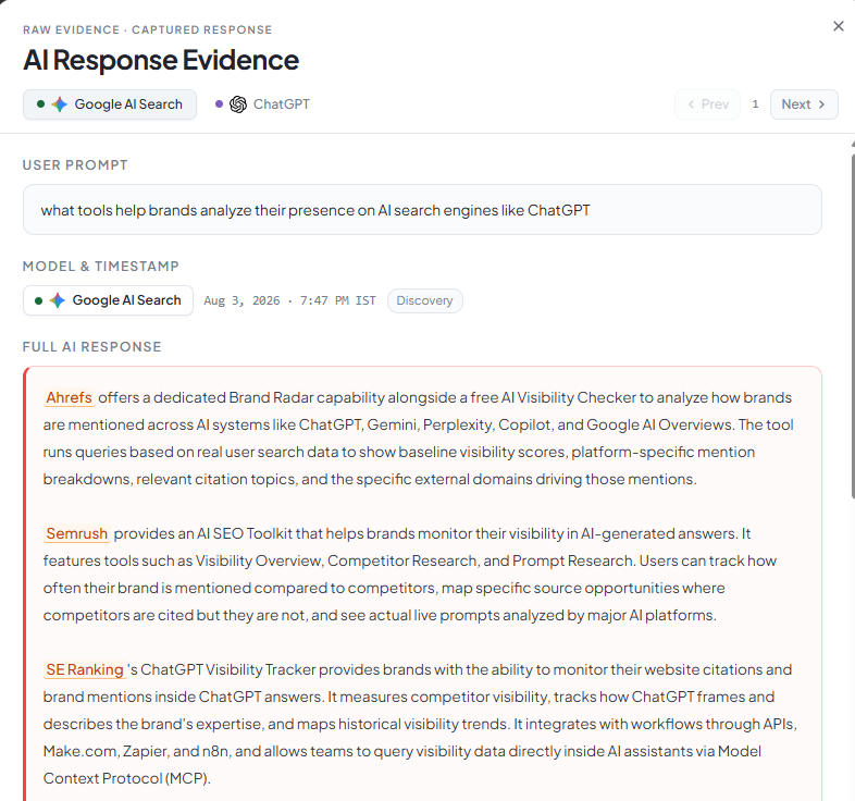 Raw Evidence modal showing the captured AI response behind a visibility score
