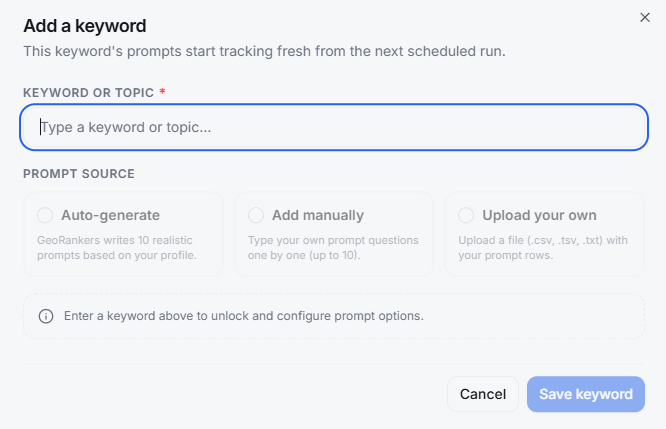 Add a keyword panel with auto-generate, add manually, and upload your own prompt source options