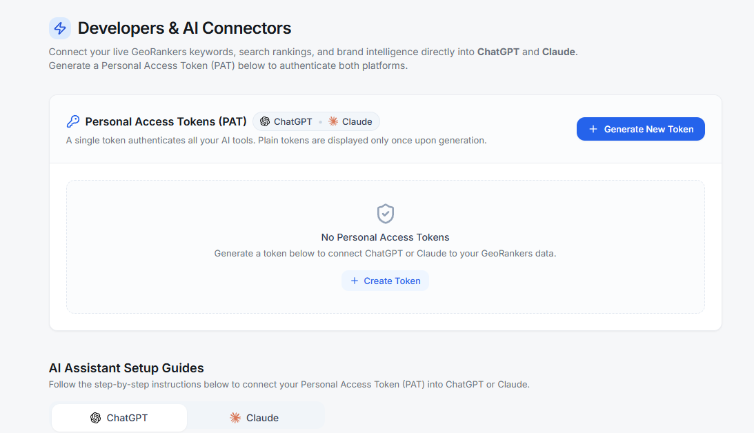 Developers & AI Connectors page showing Personal Access Token generation for ChatGPT and Claude