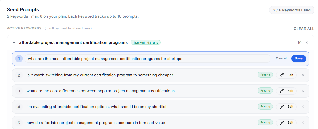 Seed Prompts panel showing an existing prompt being edited in place within a tracked keyword