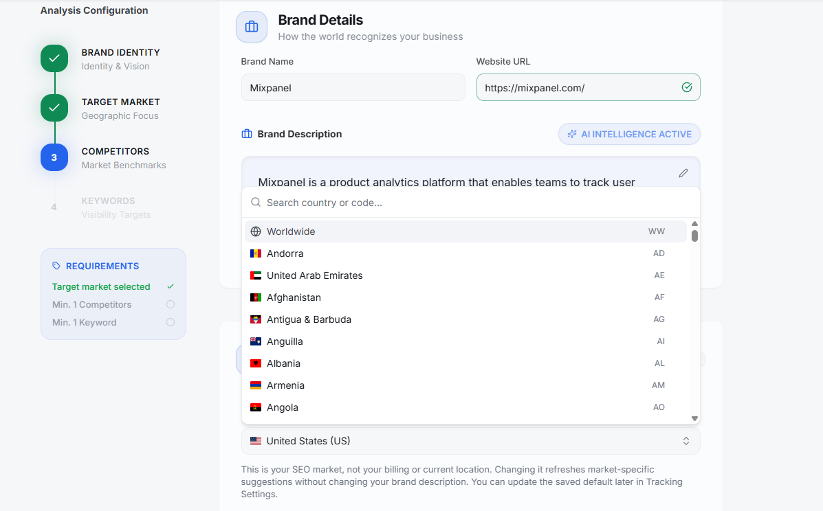 Onboarding Target Market step showing a country search dropdown while setting up brand details