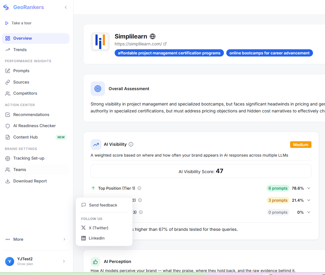 GeoRankers Overview page showing the new left sidebar with Dashboard, Trends, Performance Insights, and Action Center links