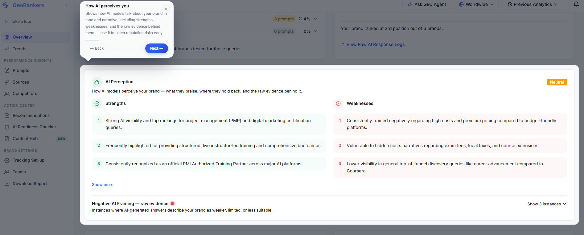 Rebuilt in-app product tour tooltip guiding a user through the AI Perception panel under the new sidebar layout
